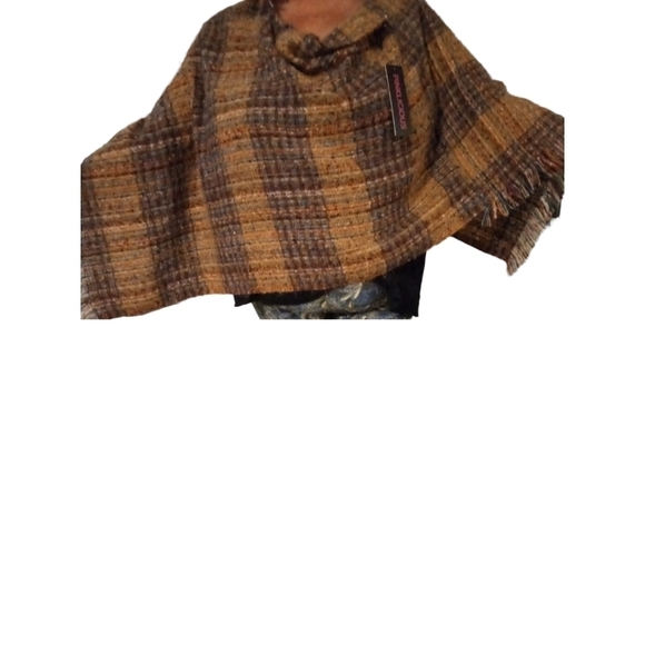 Pinkilicous Plaid Tan, Gold, Brown...Poncho Scarf with Fringe Neckline BoHo O/S - Picture 3 of 7